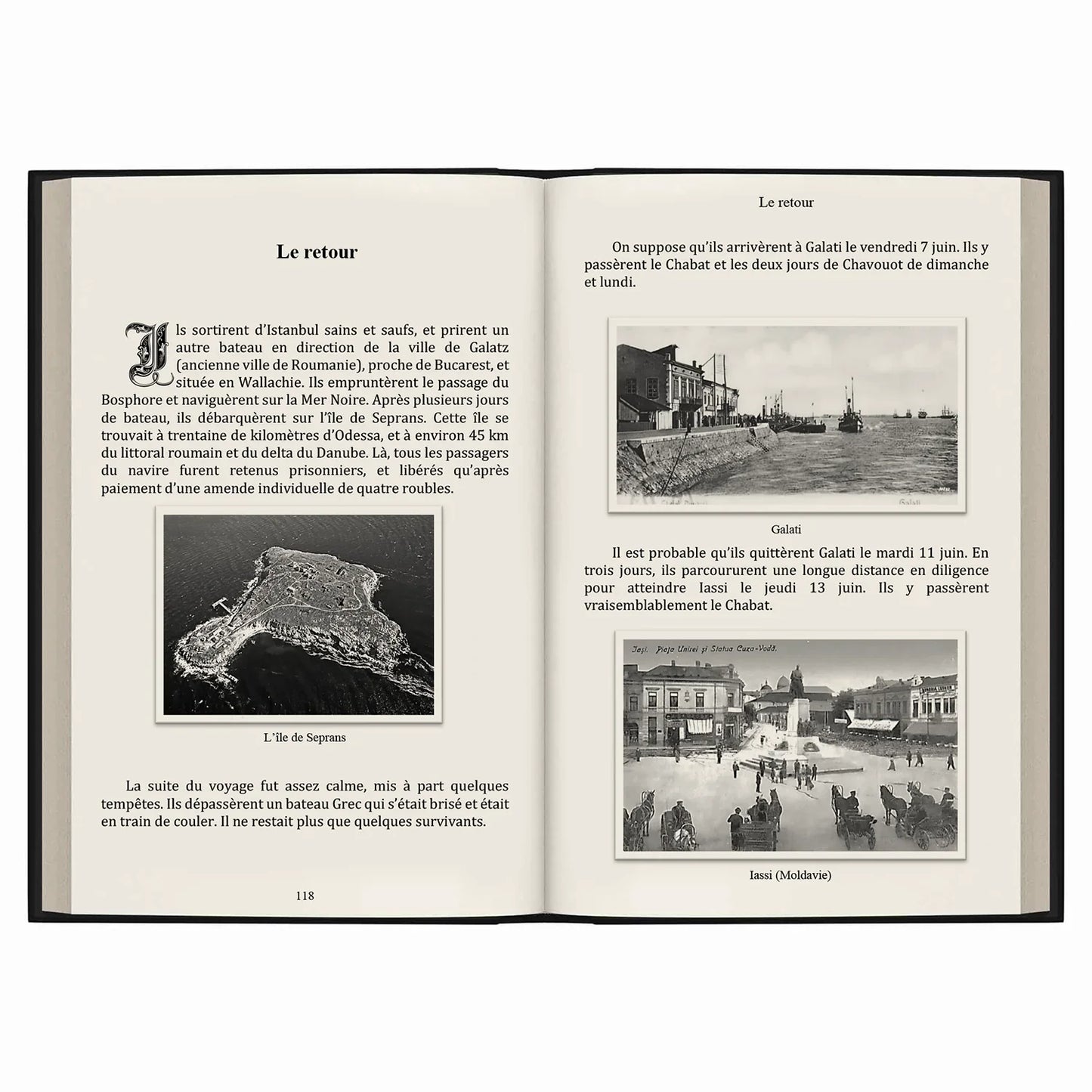 Pages ouvertes d'un livre en français avec photos en noir et blanc de l'île de Seprans, Galati et Iassi en Moldavie