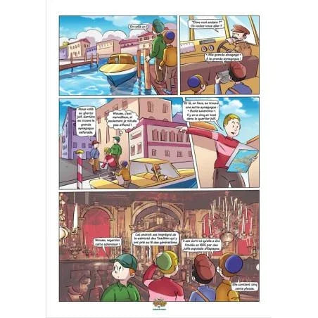 Bande dessinée colorée montrant une exploration à Venise avec des personnages, bateau, ruelles et salle décorée