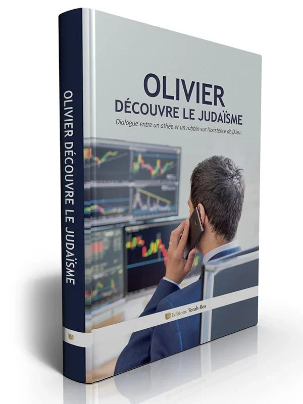 Couverture du livre 'Olivier découvre le judaïsme' avec un homme en costume au téléphone devant des écrans financiers