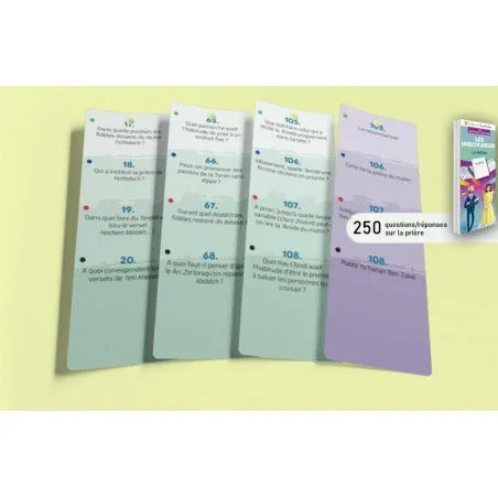 Cartes de questions-réponses sur la prière en français avec un livret violet sur fond jaune