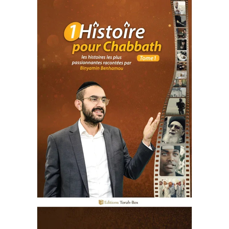 Couverture du livre '1 Histoire pour Chabbath Tome 1' avec Binyamin Benhamou en costume, film photos sur fond brun