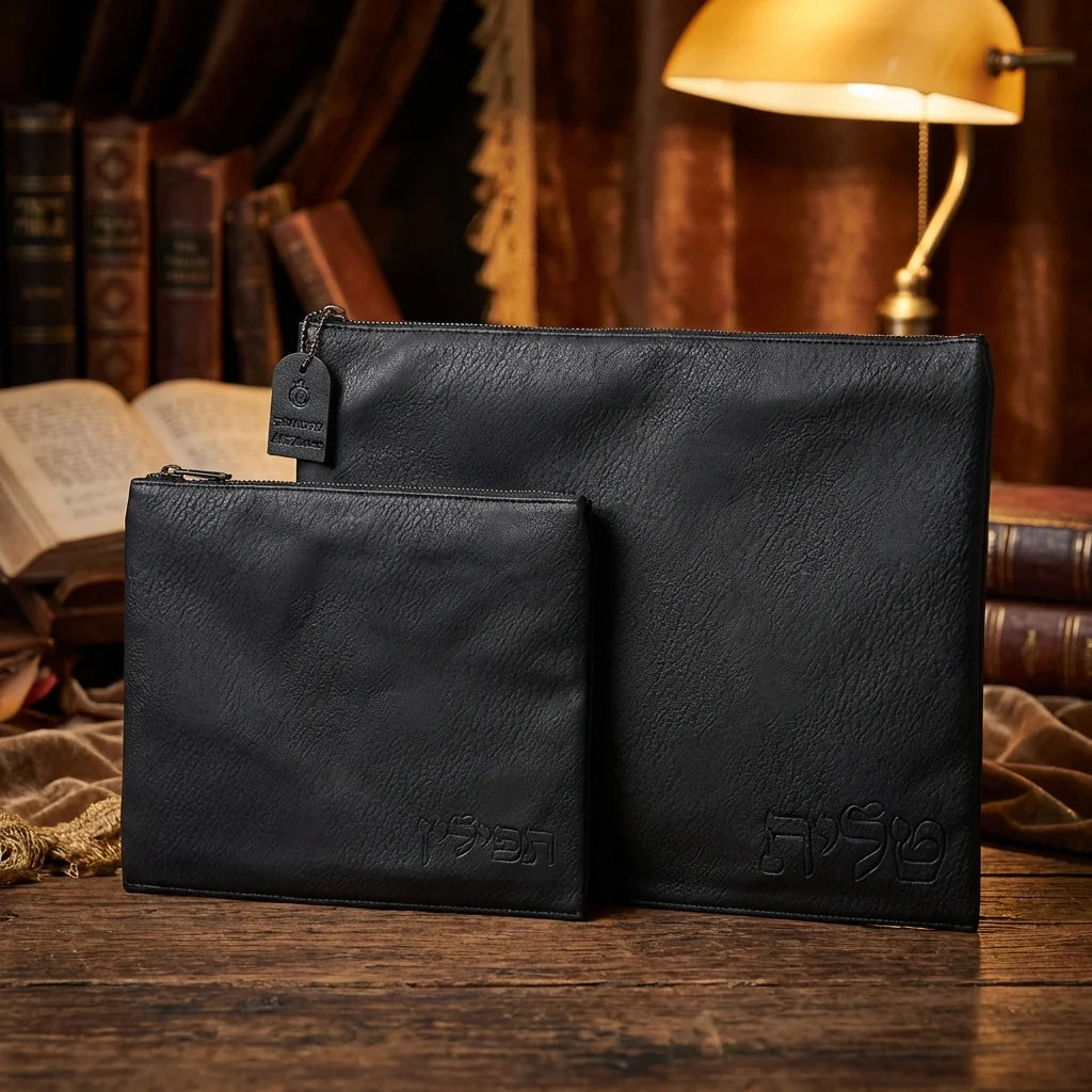ensemble pochette tallit et téfiline noir simili cuir Art Judaica