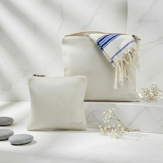 ensemble pochette tallit et téfiline simili cuir blanc Art Judaica