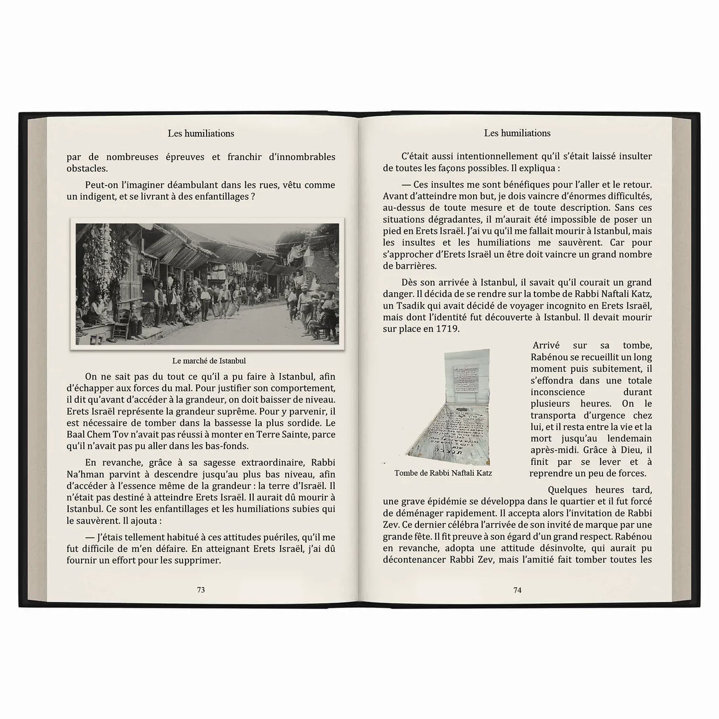 Pages d'un livre ouvert en français sur Rabbi Nahman avec photos du marché d'Istanbul et de la tombe de Rabbi Naftali Katz