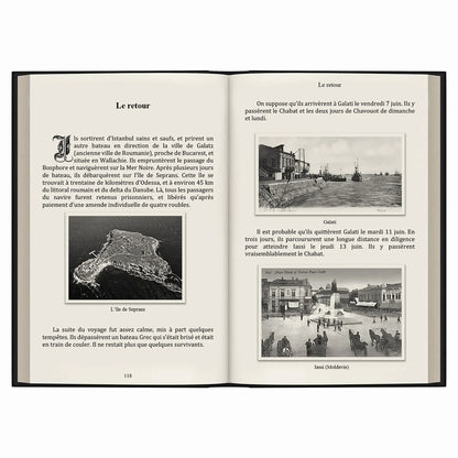 Pages ouvertes d'un livre en français avec photos en noir et blanc de l'île de Seprans, Galati et Iassi en Moldavie