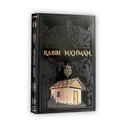 Couverture noire et dorée du livre Rabbi Nahman avec maison illustrée et motifs ornés