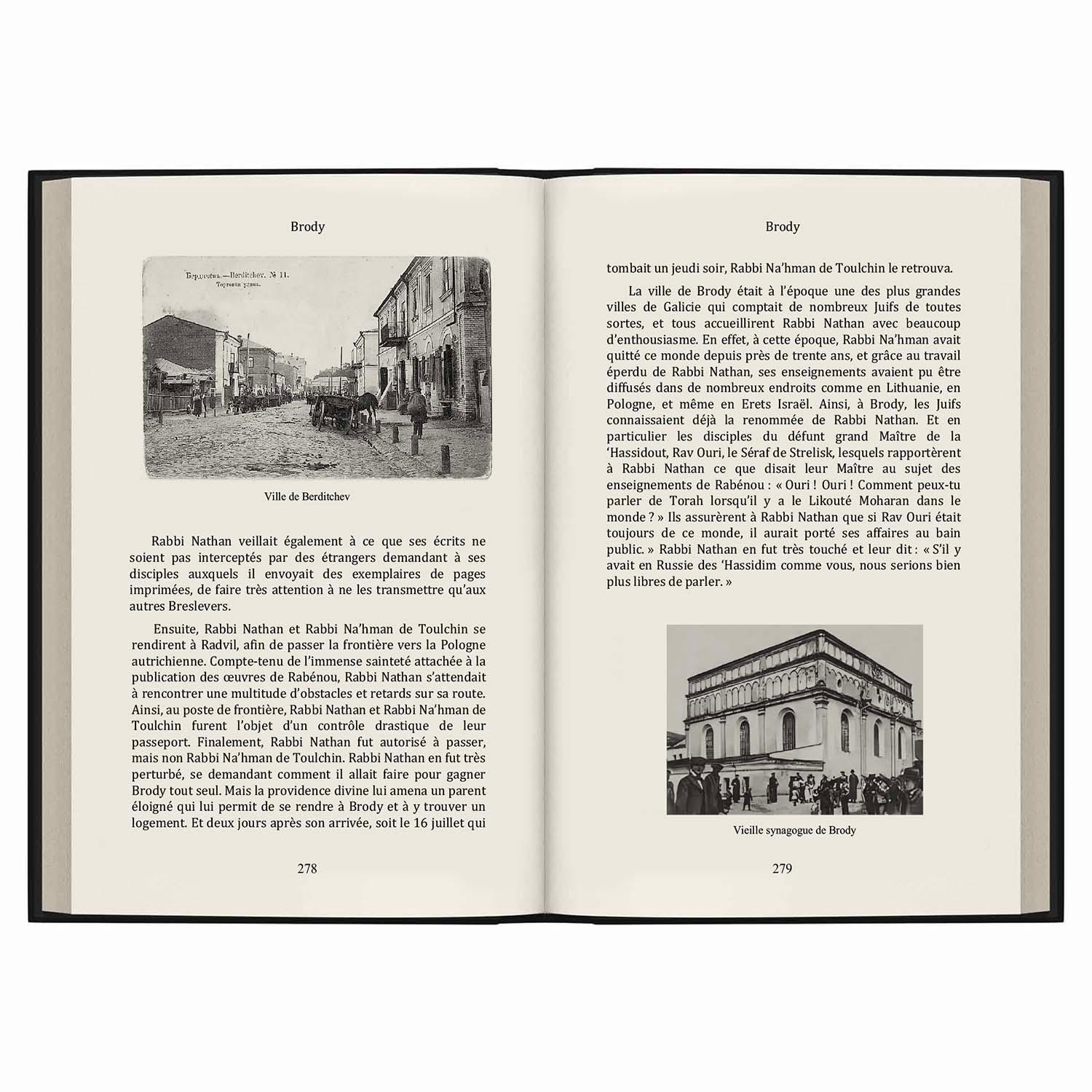 Pages ouvertes d'un livre en français sur Rabbi Nathan avec photos anciennes de la ville de Brody et sa synagogue