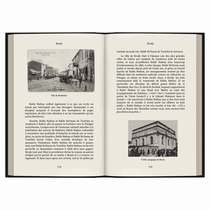 Pages ouvertes d'un livre en français sur Rabbi Nathan avec photos anciennes de la ville de Brody et sa synagogue