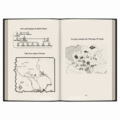 Double page d'un livre avec arbre généalogique de Rabbi Nathan et cartes historiques de l'Ukraine 19e siècle