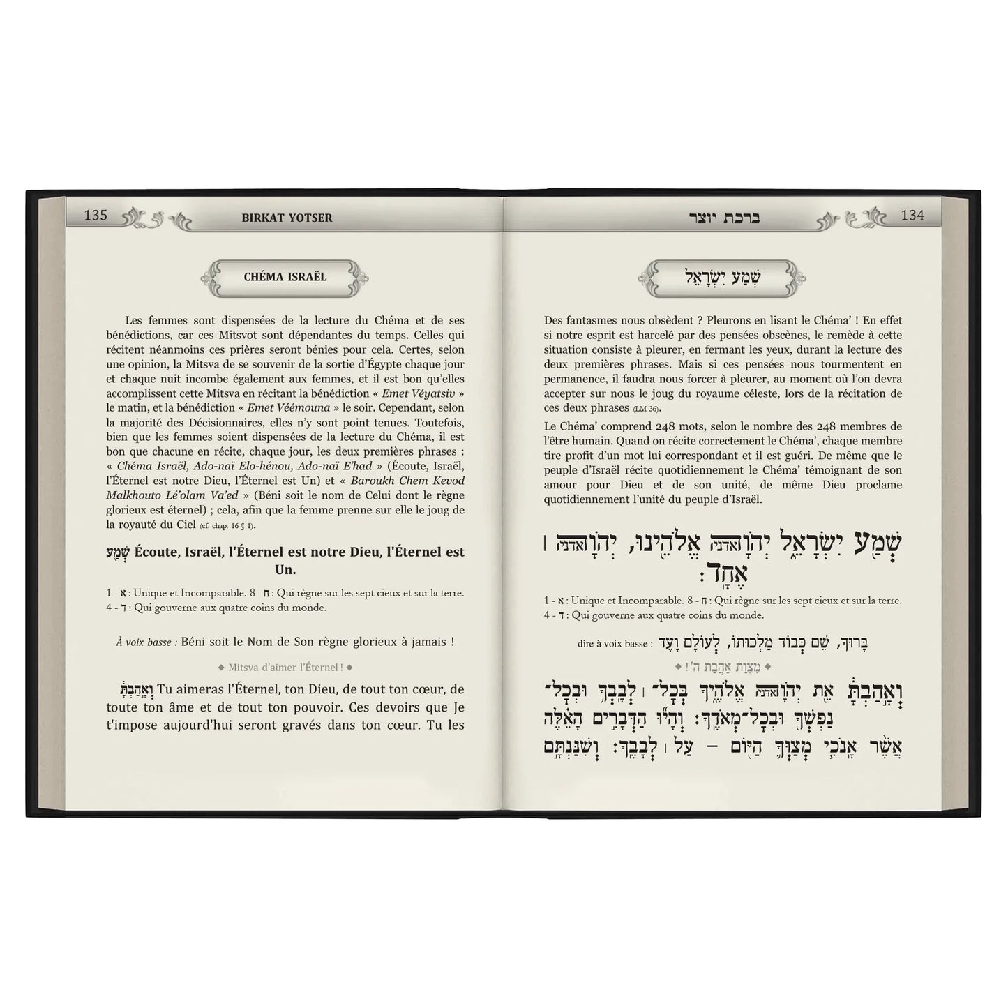 Livre ouvert présentant le texte du Chéma Israël en hébreu et en français, avec explications religieuses