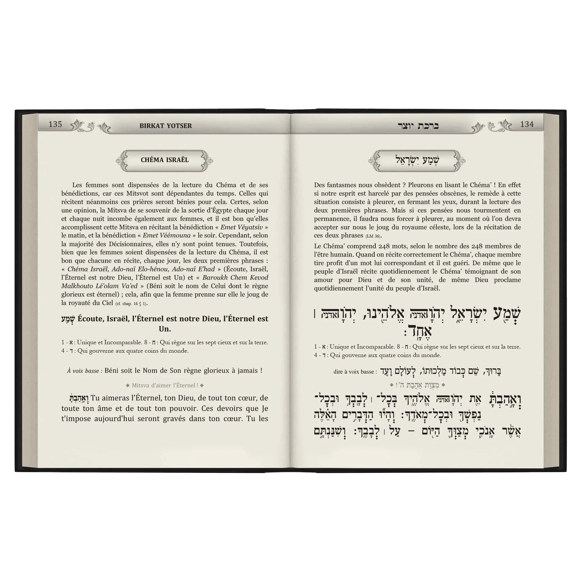 Livre ouvert présentant le texte du Chéma Israël en hébreu et en français, avec explications religieuses