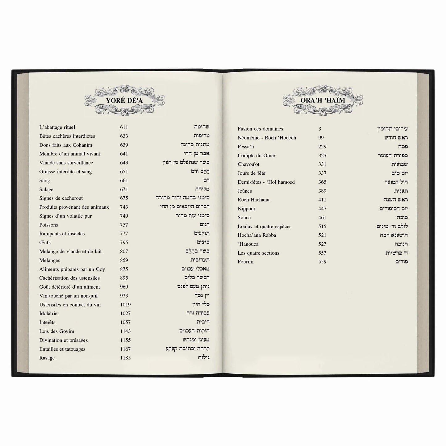 Pages d'un livre ouvert en français et hébreu listant sections sur rituels, cacherout, fêtes juives