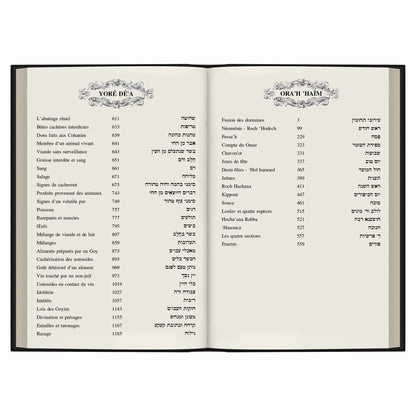 Pages d'un livre ouvert en français et hébreu listant sections sur rituels, cacherout, fêtes juives