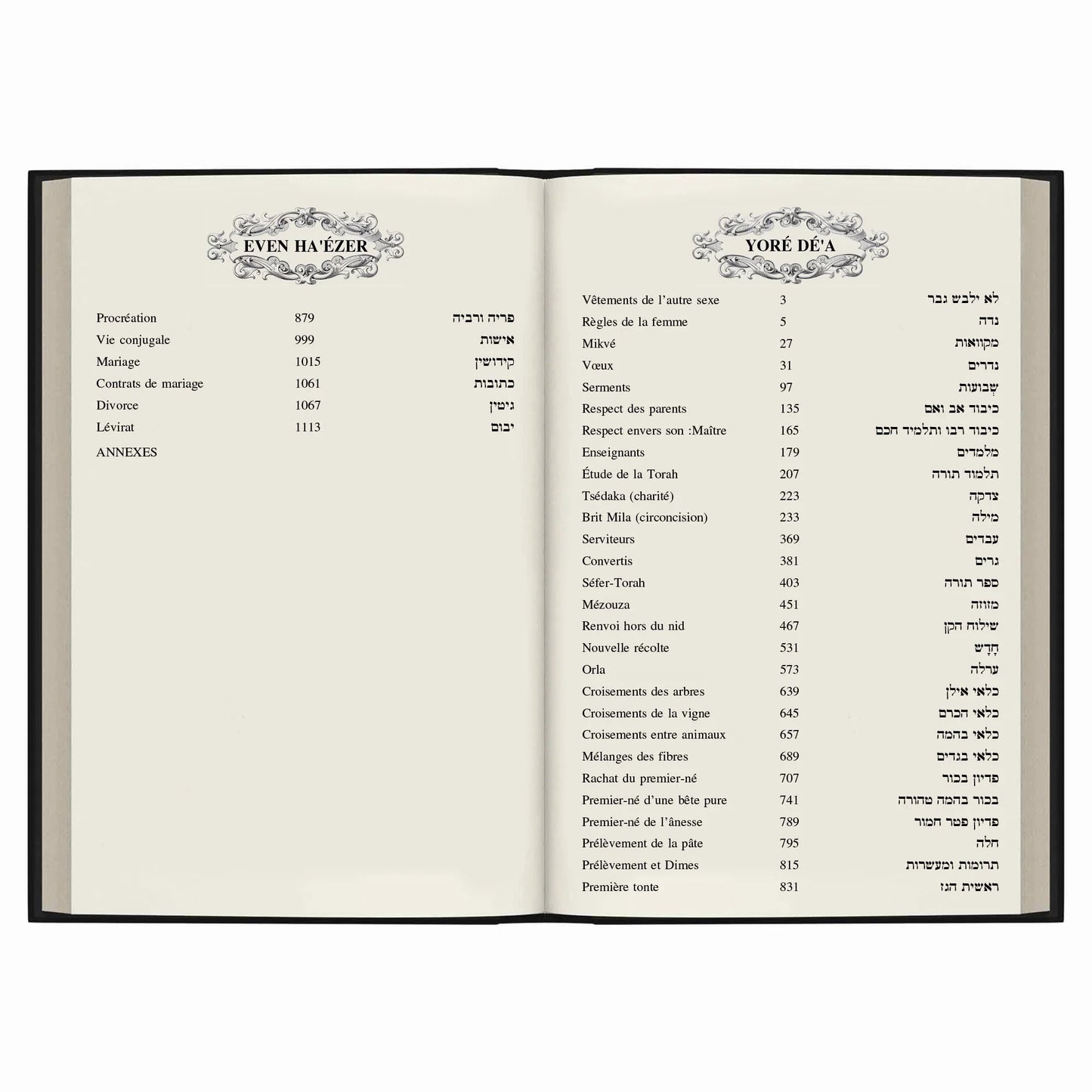 Page ouverte de livre religieux en français et hébreu avec thèmes Even Ha'ezér et Yoré Dé'a