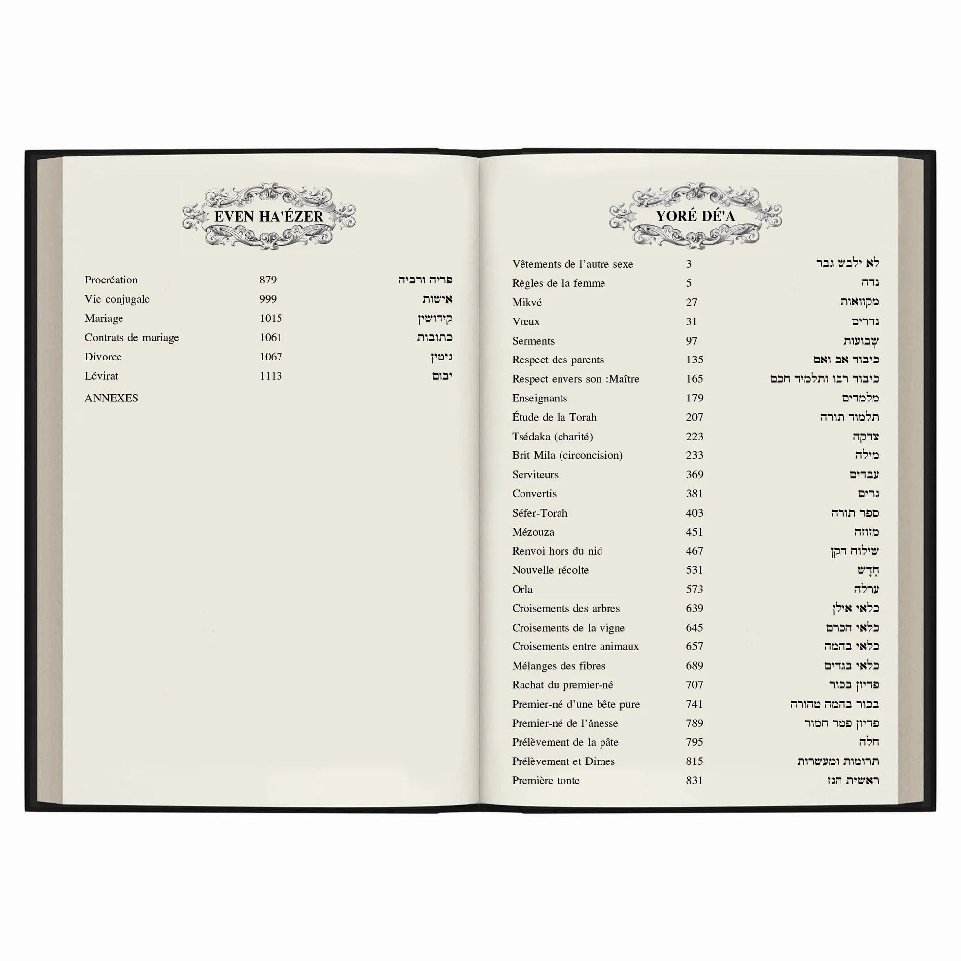Page ouverte de livre religieux en français et hébreu avec thèmes Even Ha'ezér et Yoré Dé'a