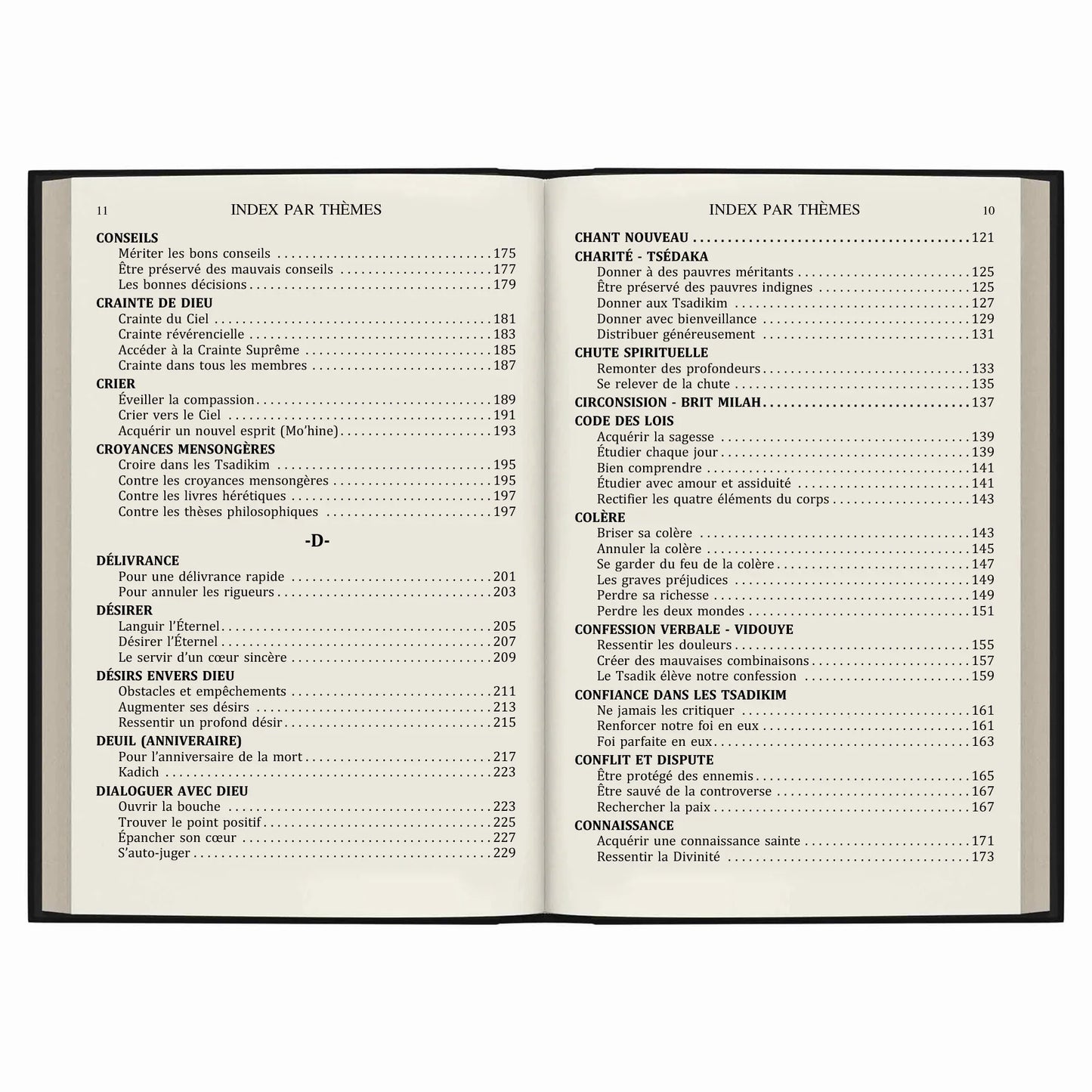 Pages d'index par thèmes d'un livre en français avec sections sur conseils, croyances, colère et spiritualité