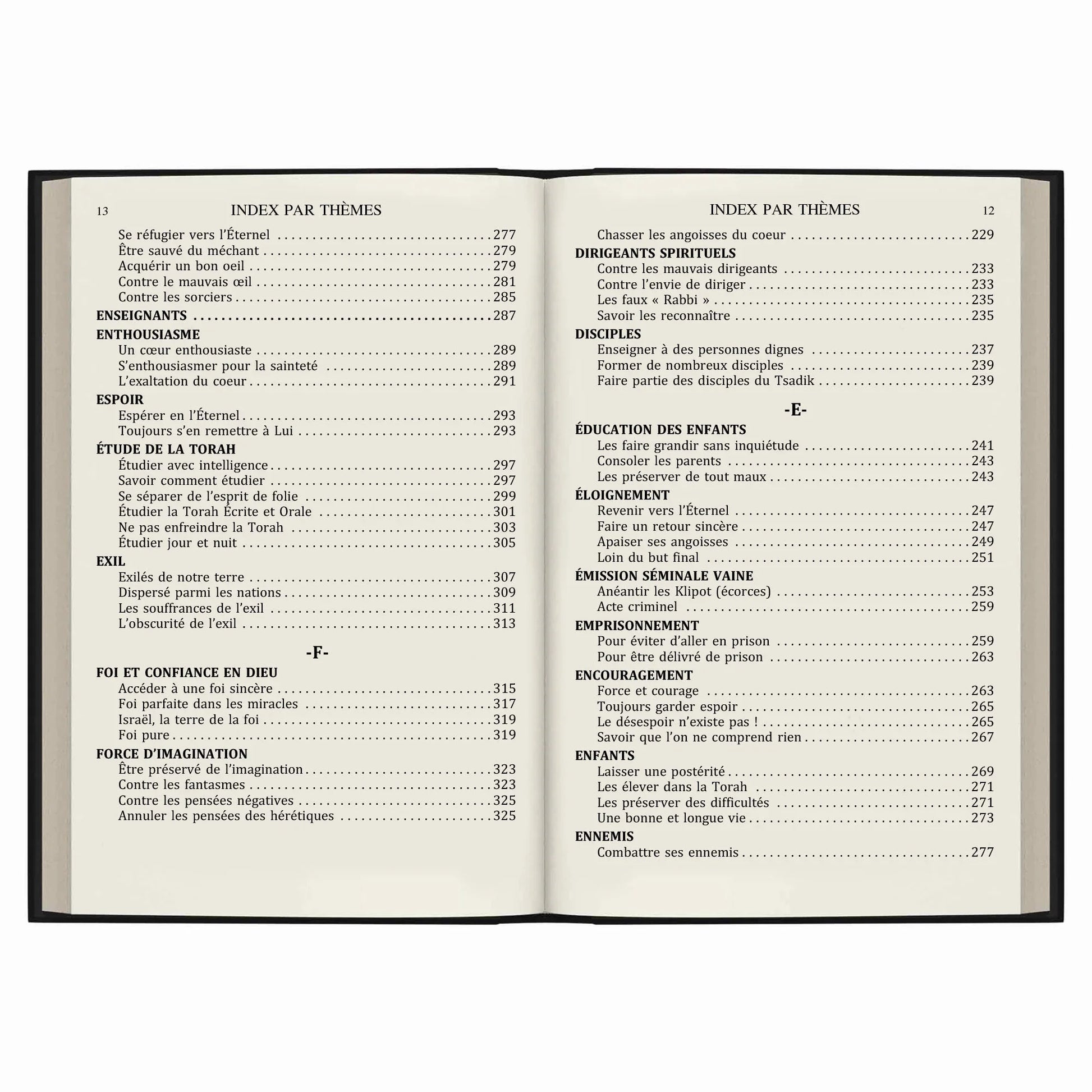 Page d'index par thèmes d'un livre religieux en français, avec sections sur foi, enseignement et spiritualité