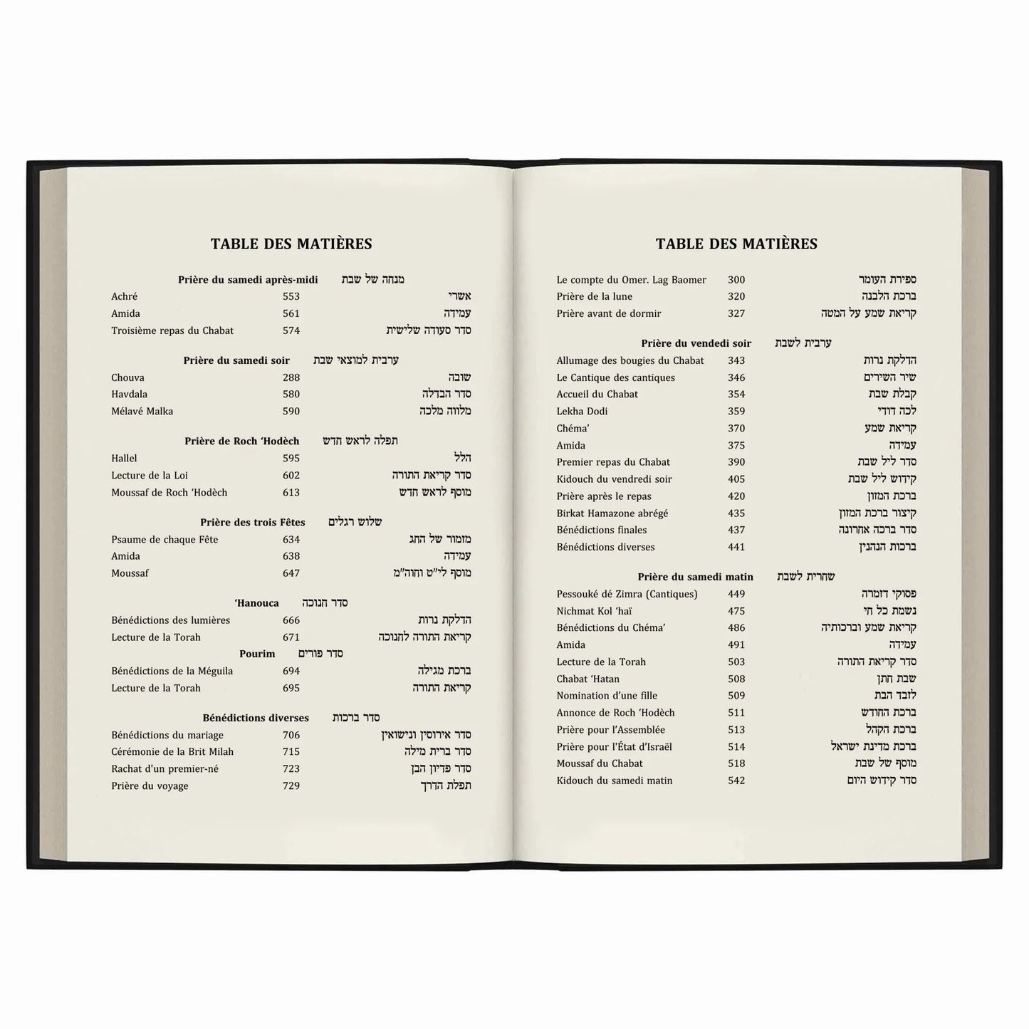 Table des matières d'un livre religieux en français et hébreu présentant prières et bénédictions juives traditionnelles