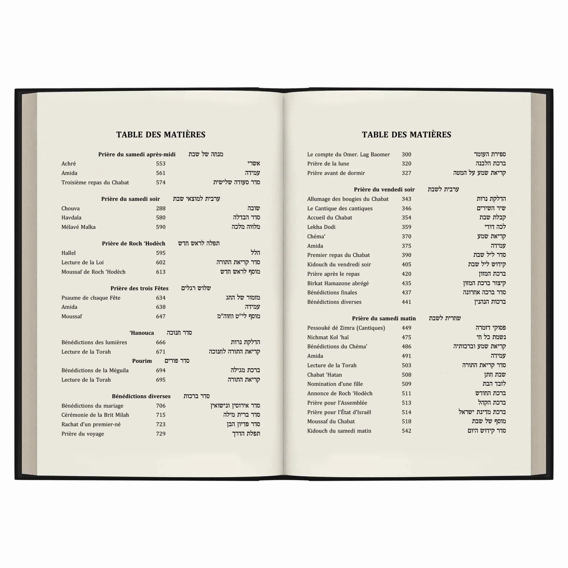 Table des matières d'un livre religieux en français et hébreu présentant prières et bénédictions juives traditionnelles