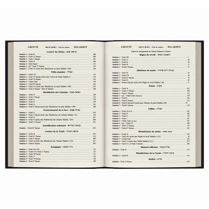Pages ouvertes d'un livre religieux Likouté Halakhot contenant tables des matières en français et hébreu