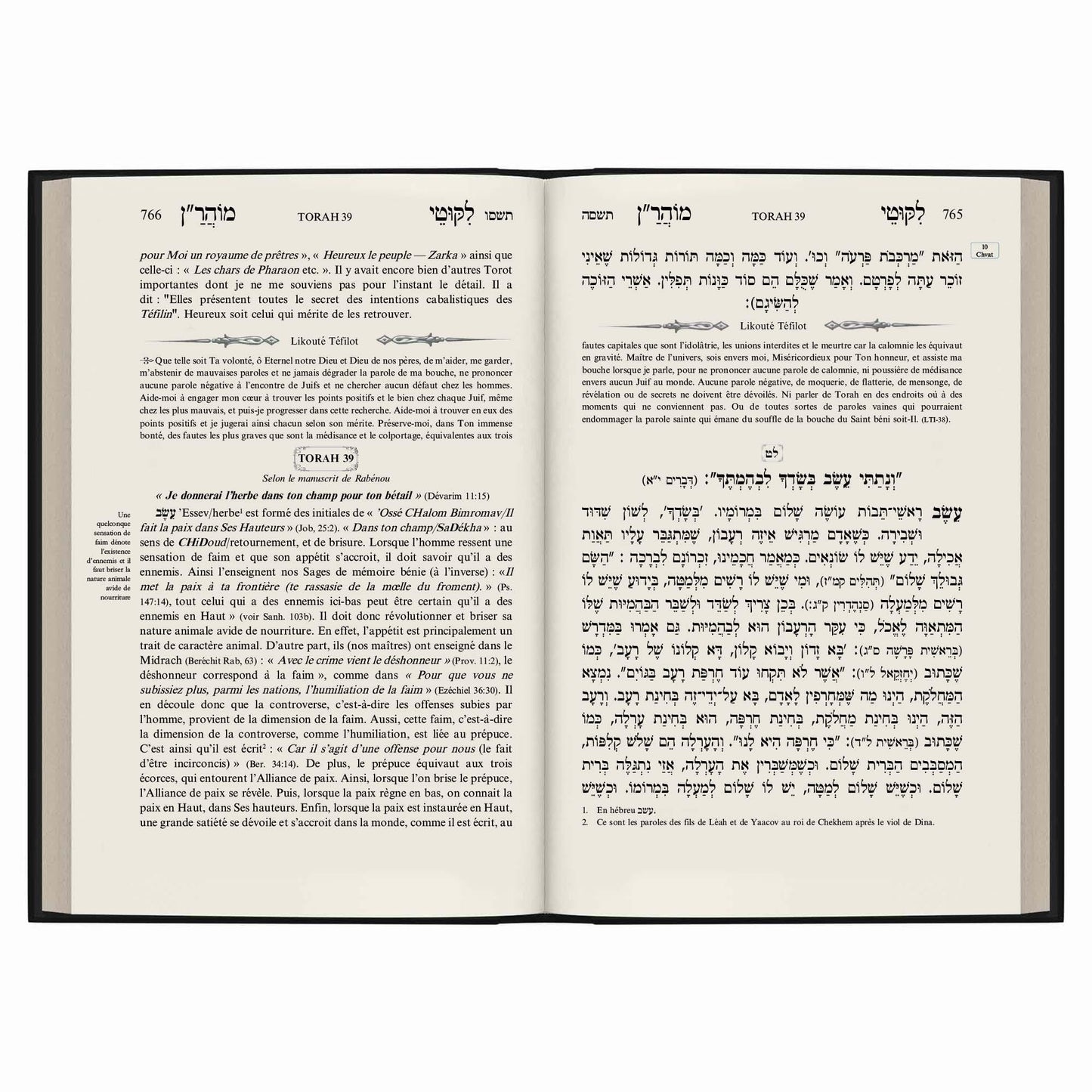 Livre ouvert avec texte en hébreu à droite et traduction/commentaire en français à gauche, pages 765-766, Torah 39