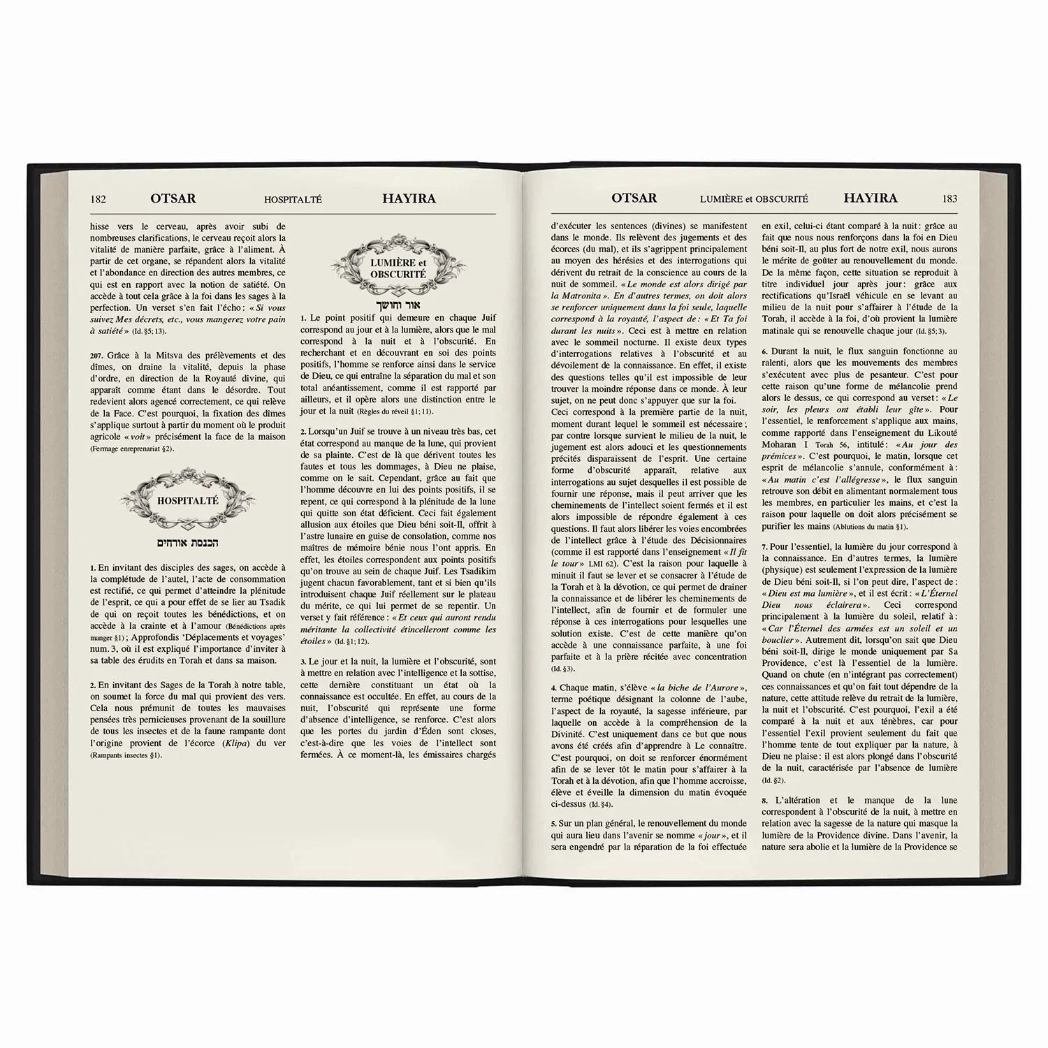 Livre ouvert en français sur hospitalité et lumière et obscurité avec texte et illustrations