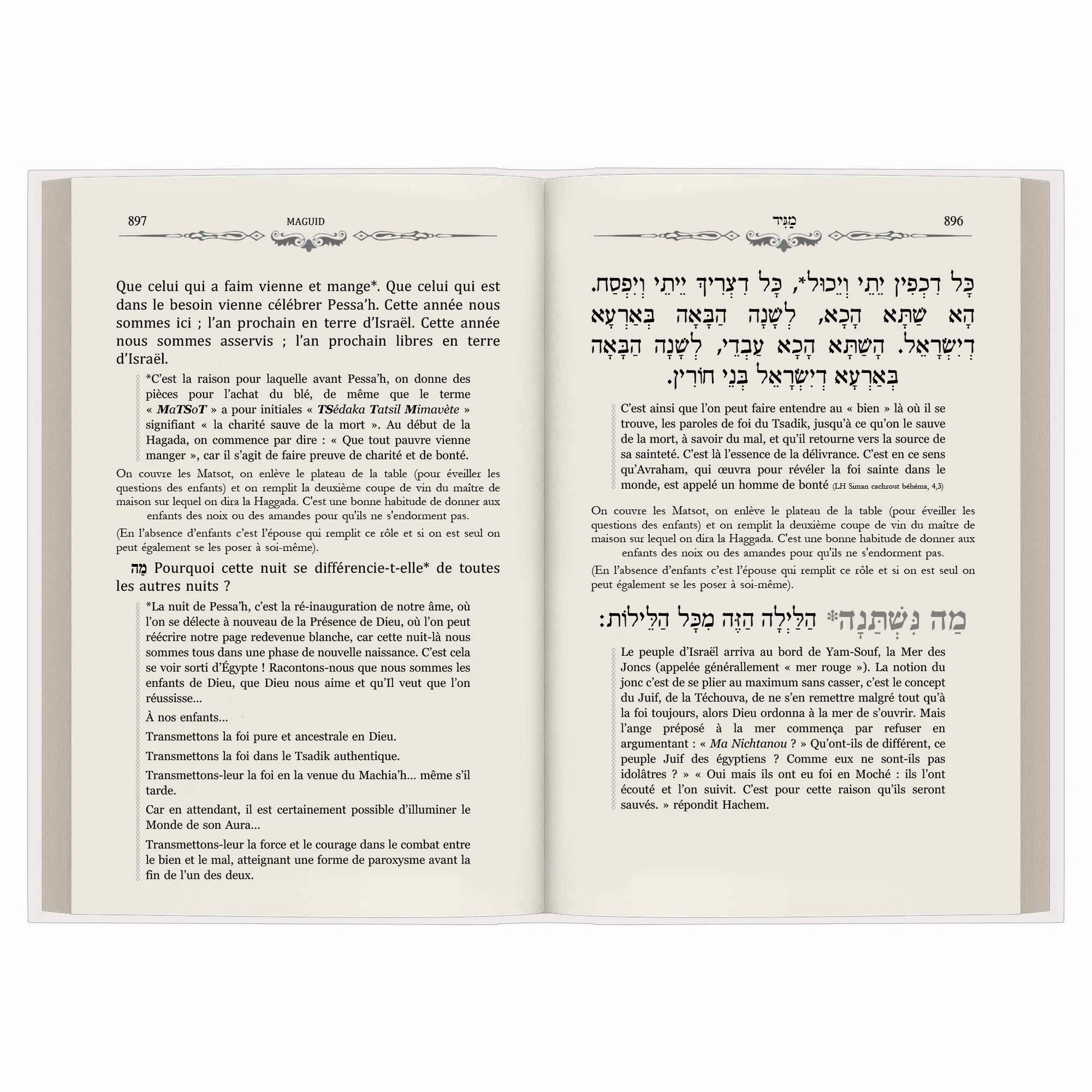 Page ouverte d'un livre religieux français et hébreu sur Pessa'h avec textes explicatifs et citations