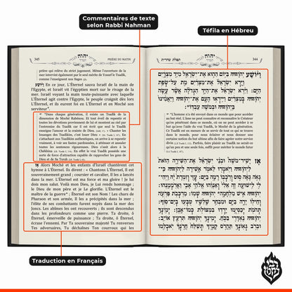 Livre ouvert montrant prière du matin en hébreu avec traduction française et commentaires selon Rabbi Nahman