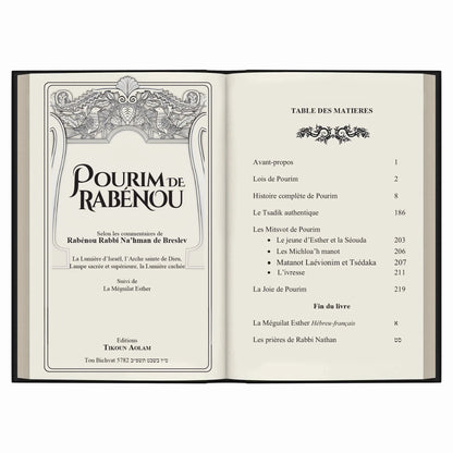 Livre ouvert Pourim de Rabénou avec table des matières sur la fête juive de Pourim