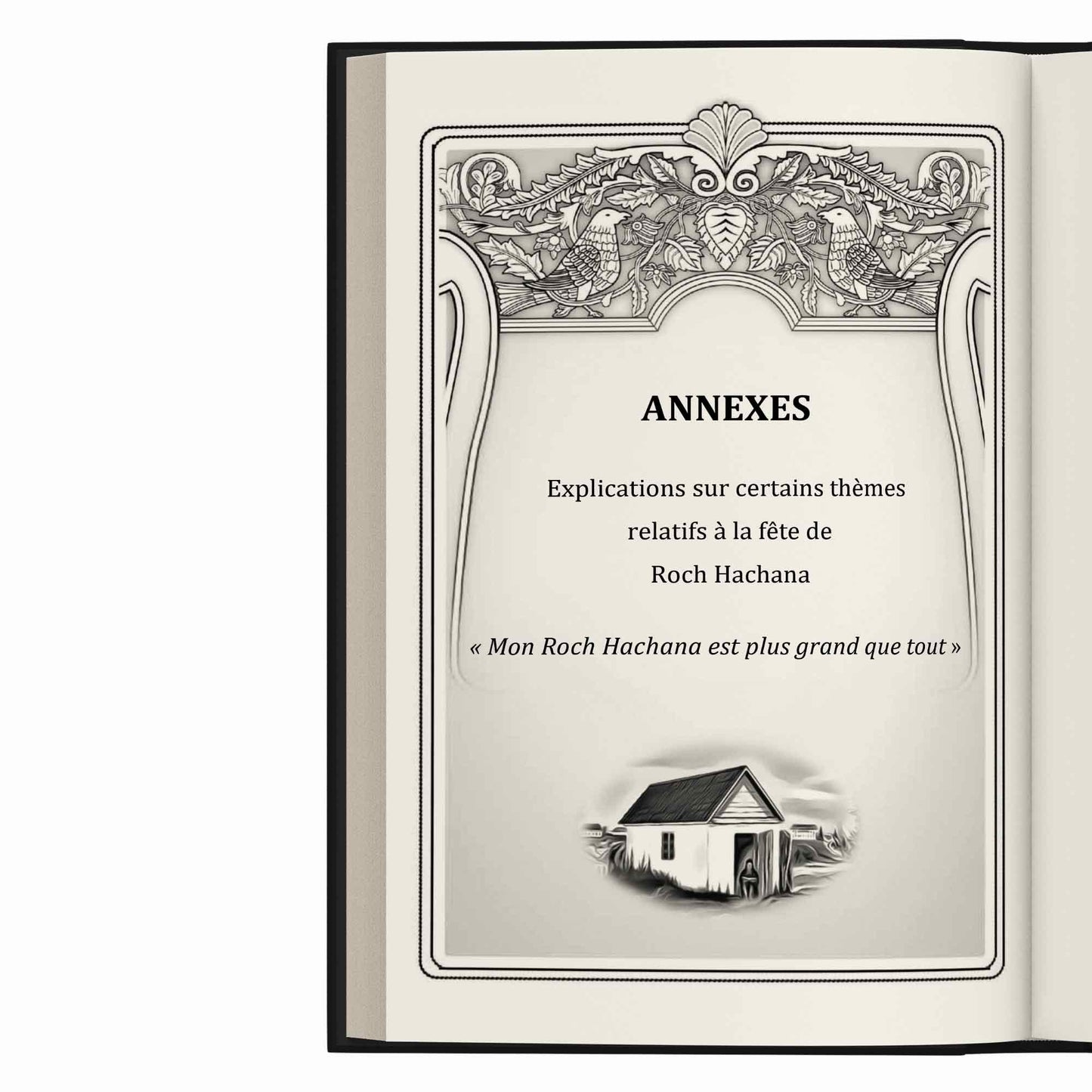Page de livre décorée avec oiseaux, texte sur Roch Hachana et fête juive, illustration maison