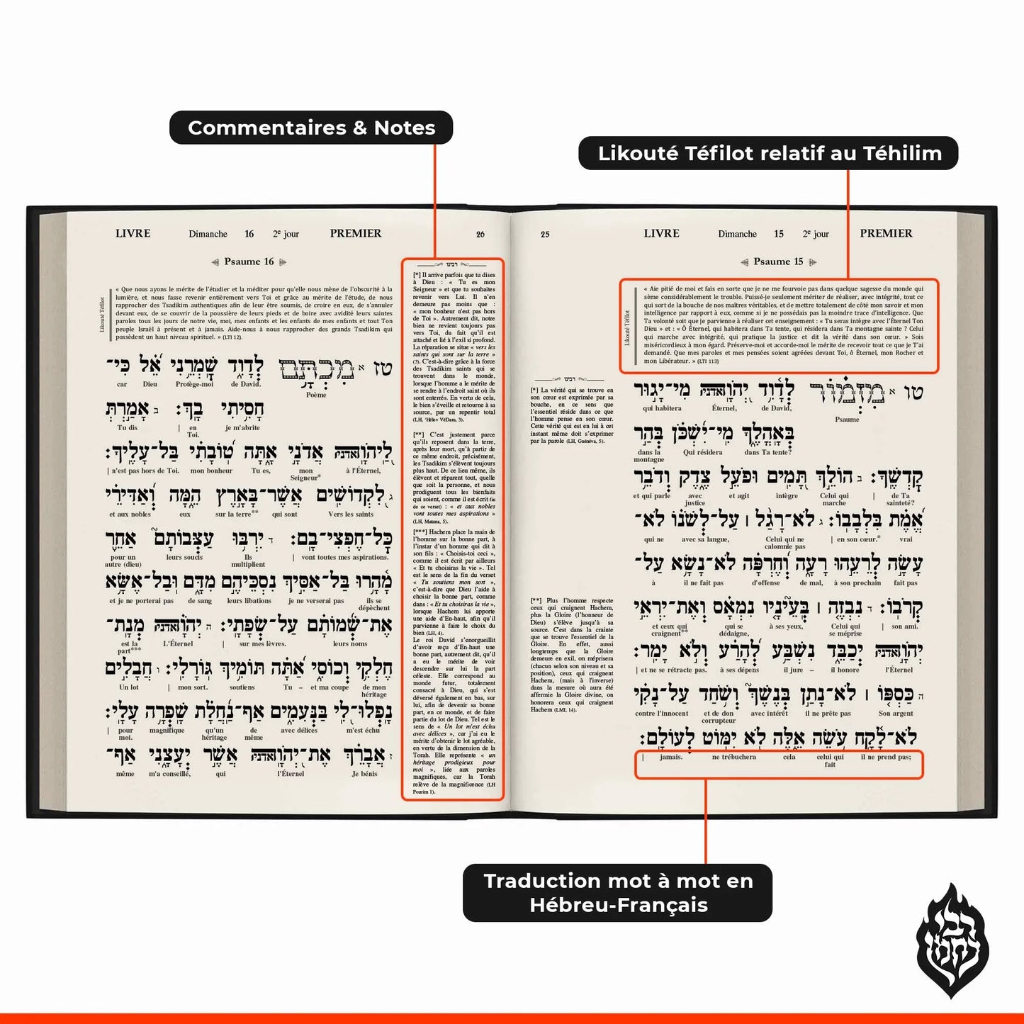 Livre ouvert de Téhilim avec psaumes en hébreu, traduction et commentaires en français