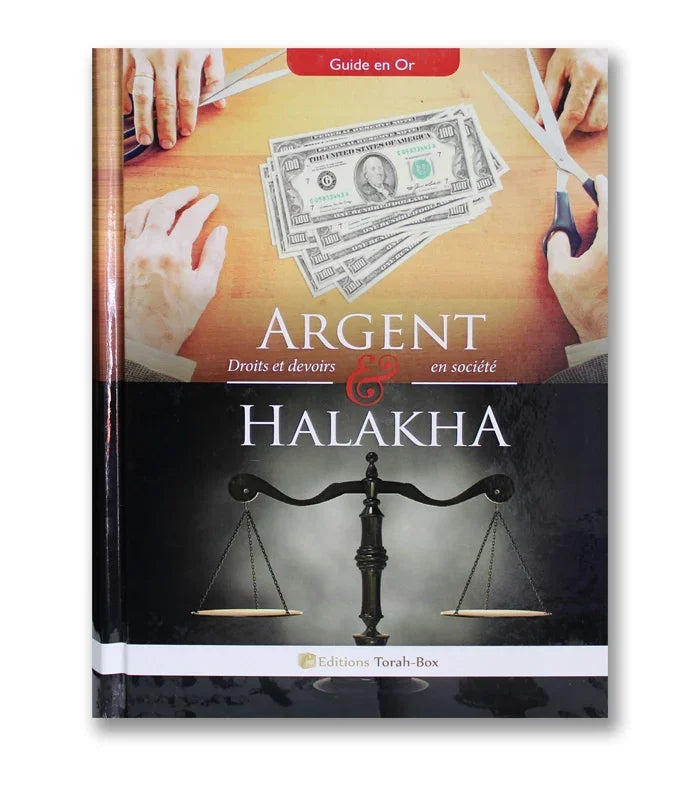 Couverture d'un livre sur argent, droits et Halakha avec image de billets, ciseaux, mains et balance