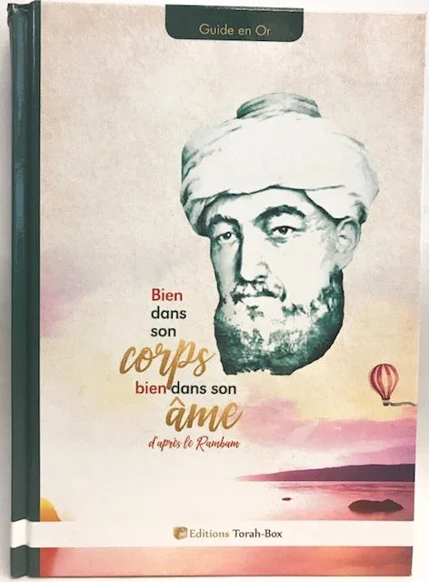 Couverture du livre 'Bien dans son corps bien dans son âme d'après le Rambam' avec portrait et paysage au coucher du soleil