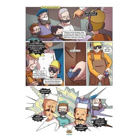 Planche de bande dessinée humoristique avec des personnages masqués en discussion dans un appartement