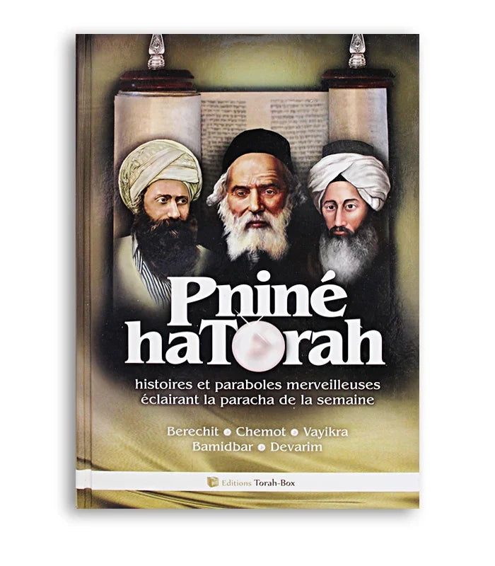 Couverture du livre Pninè haTorah avec trois figures masculines devant un rouleau de Torah, éditions Torah-Box.