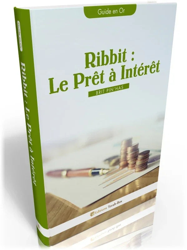 Livre 'Ribbit : Le Prêt à Intérêt' avec image de pièces empilées et stylo sur papier, édition Torah-Box