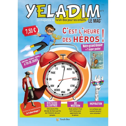 Couverture magazine Yeladim Le Mag pour enfants avec horloge rouge, héros en BD, illustration et inspiration Torah-Box