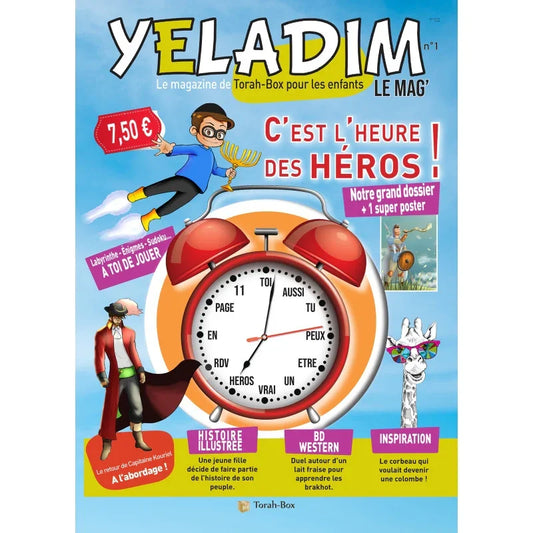 Couverture magazine Yeladim Le Mag pour enfants avec horloge rouge, héros en BD, illustration et inspiration Torah-Box
