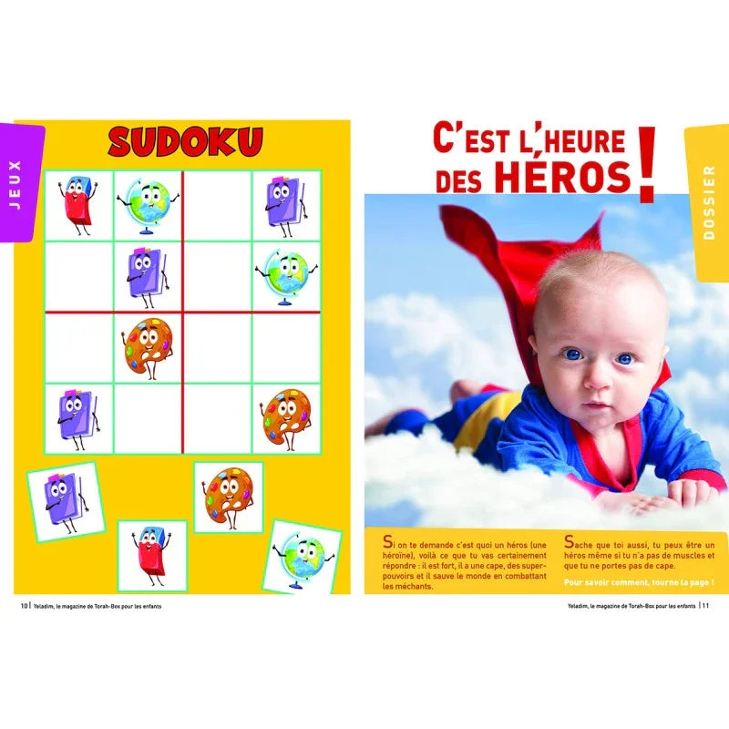 Bébé en costume de super-héros rouge et bleu, sudoku enfant avec dessins animés colorés